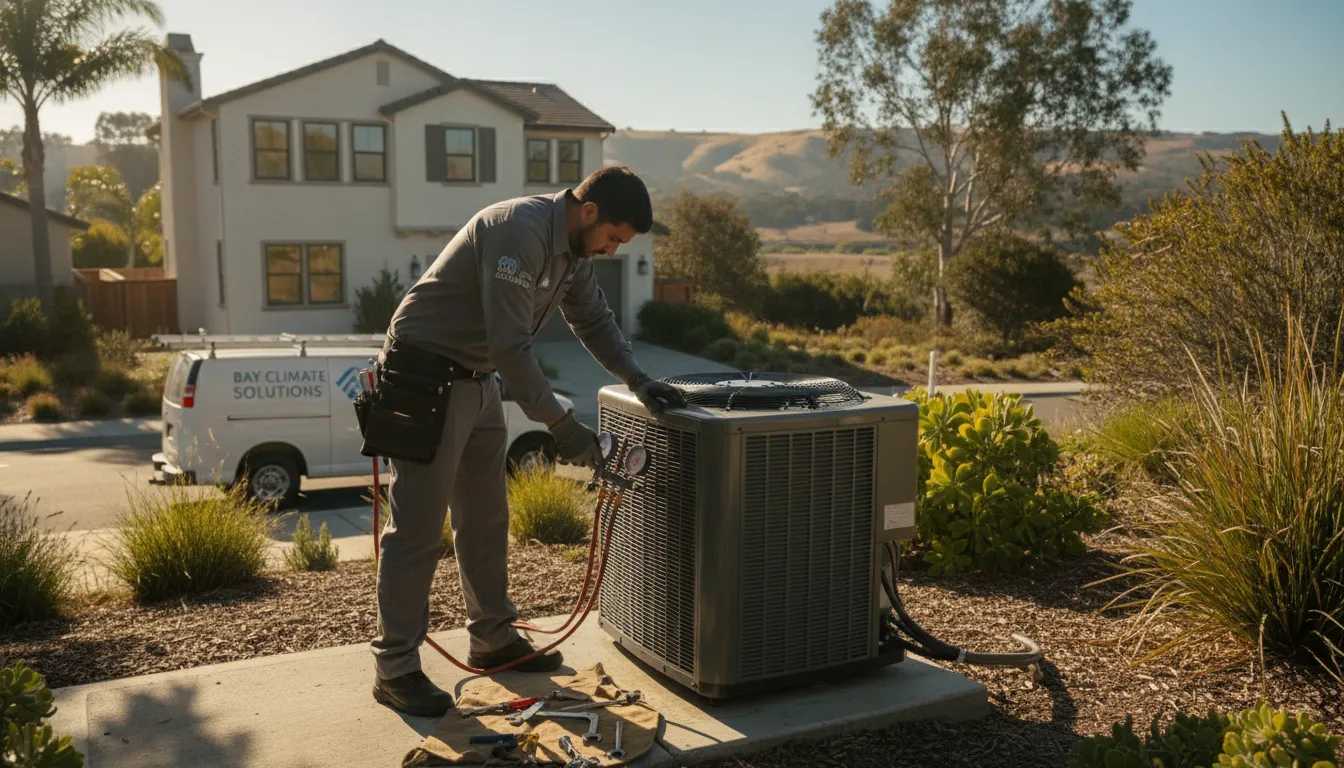 A professional HVAC technician servicing an outdoor air conditioning condenser unit next to a residential home in the Bay Area