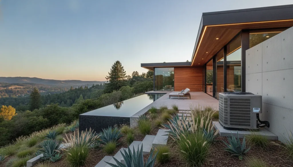A beautiful modern residential home in Northern California with a high-end external air conditioning unit