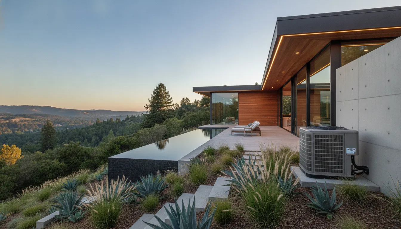 A beautiful modern residential home in Northern California with a high-end external air conditioning unit