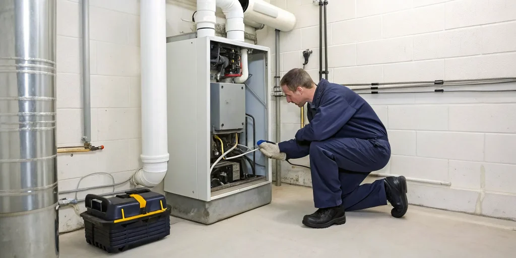 Technician performing a safety inspection during a gas furnace tune up.