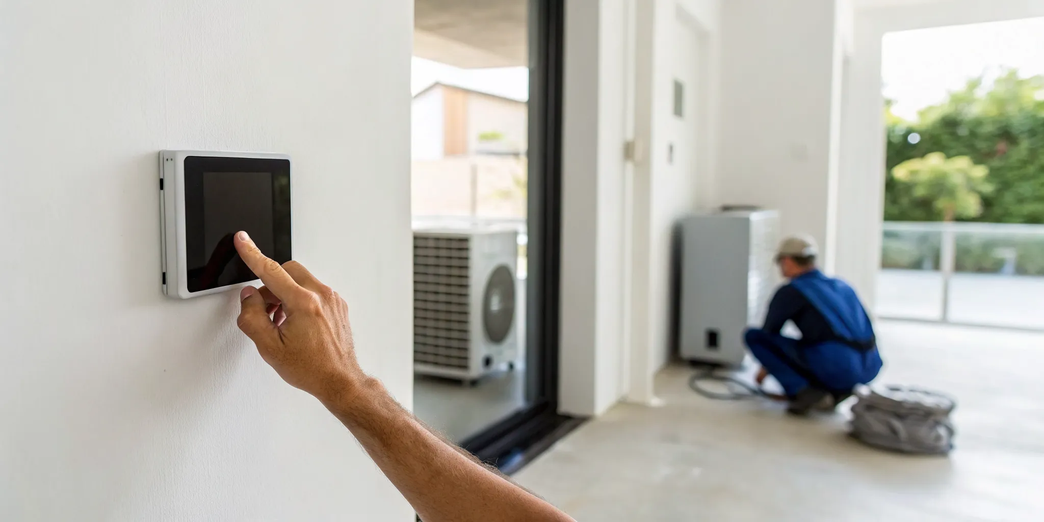 A person adjusting a thermostat, a common fix for why an AC unit is not turning on.