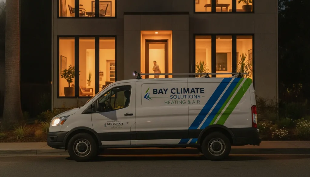 HVAC service van outside a Bay Area home at night with warm interior lights