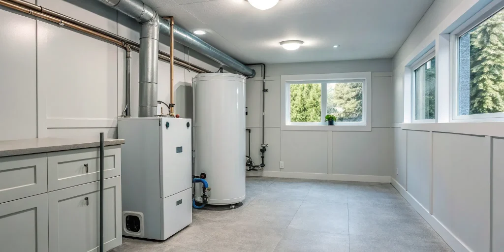 A modern furnace in a utility room, a system that shows signs when a new furnace is needed.