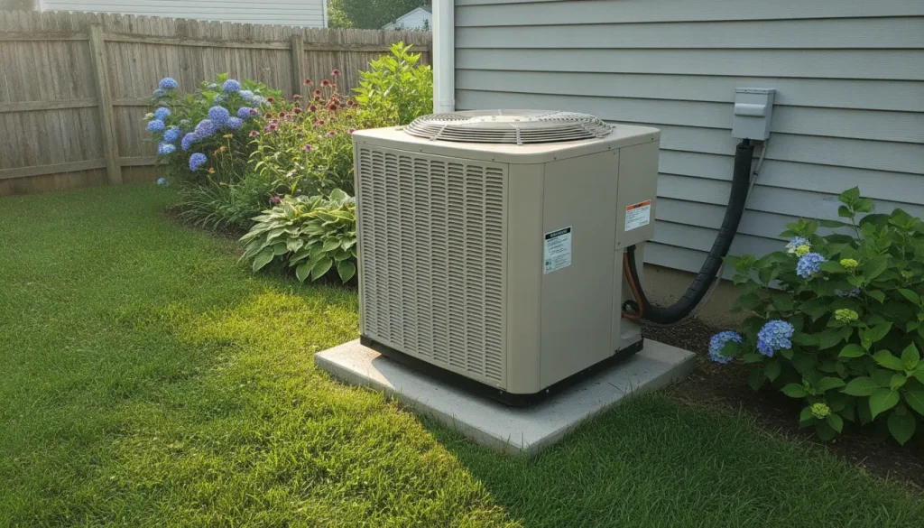 A residential air conditioning condenser unit in a suburban backyard.