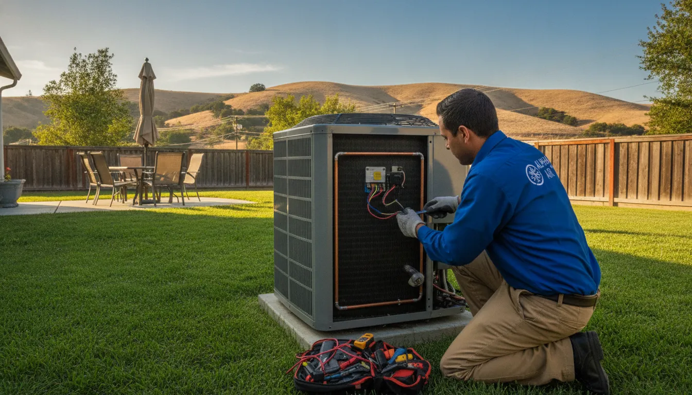 HVAC technician repairing an air conditioning unit in a Livermore backyard