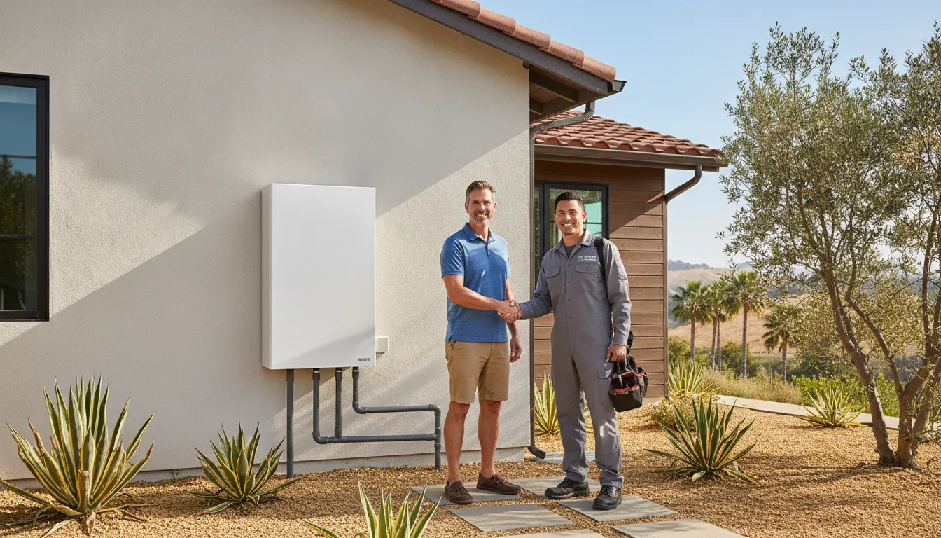 Modern heat pump installation at a California home with HVAC technician and homeowner