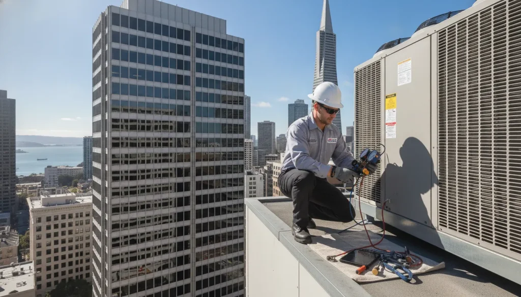 Commercial HVAC technician inspecting a rooftop air conditioning unit on a commercial building in the Bay Area