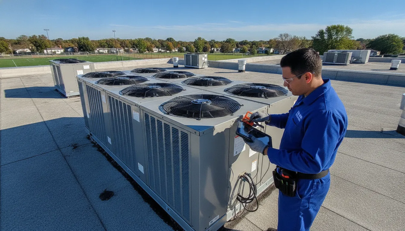 A professional technician inspecting a commercial rooftop HVAC unit