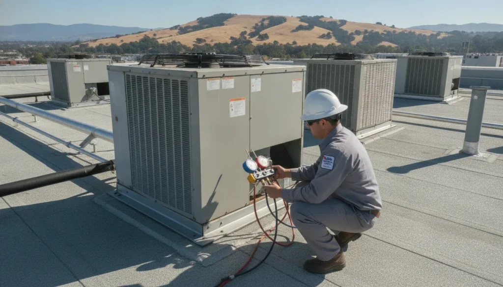 A professional HVAC technician in a uniform inspecting industrial rooftop heating and cooling units on a commercial building in Northern California