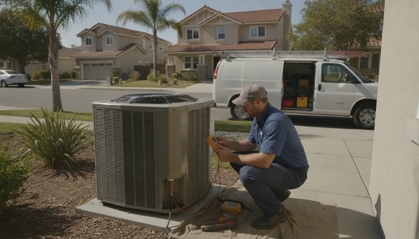 HVAC technician inspecting an air conditioner unit outside a Bay Area home on a warm summer day