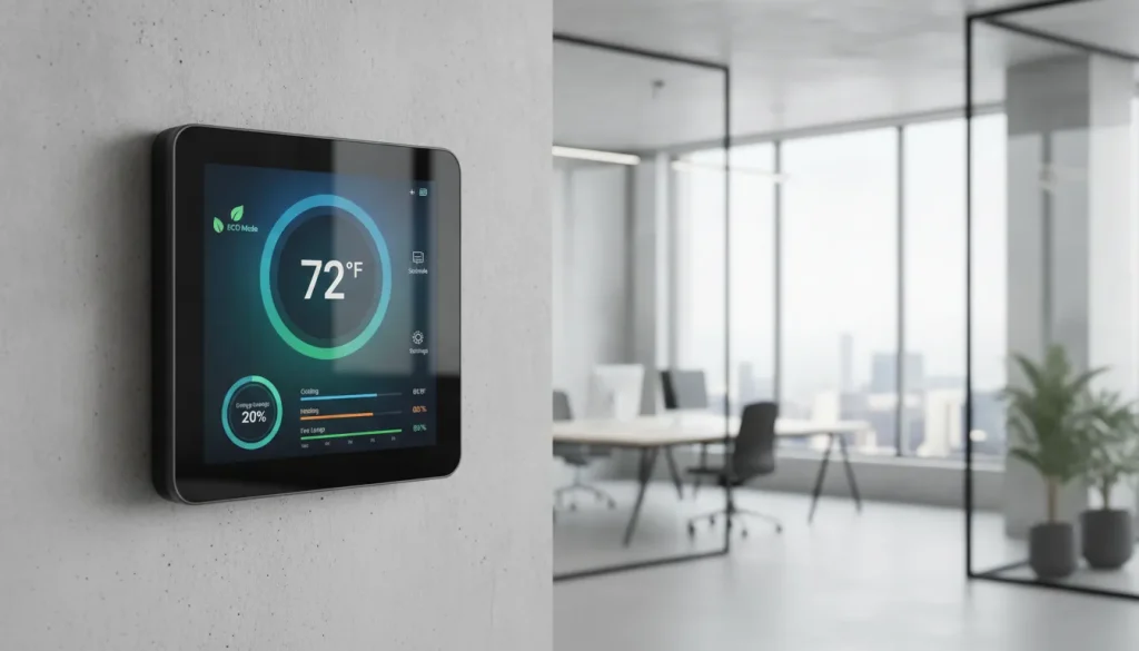 A high-tech digital smart thermostat controller with color touchscreen in a modern energy efficient California office space