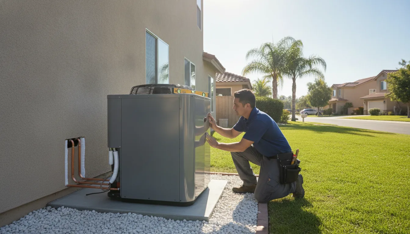 HVAC technician installing a heat pump unit outside a California home