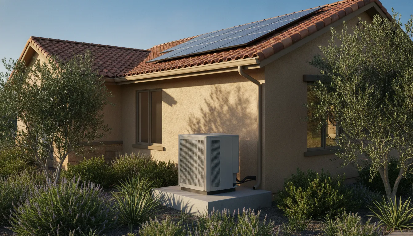 Modern heat pump outdoor unit installed beside a California home with solar panels on the roof on a sunny day