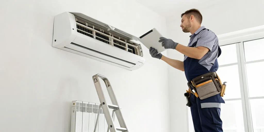 HVAC technician inspecting an air conditioner to determine the AC repair cost.