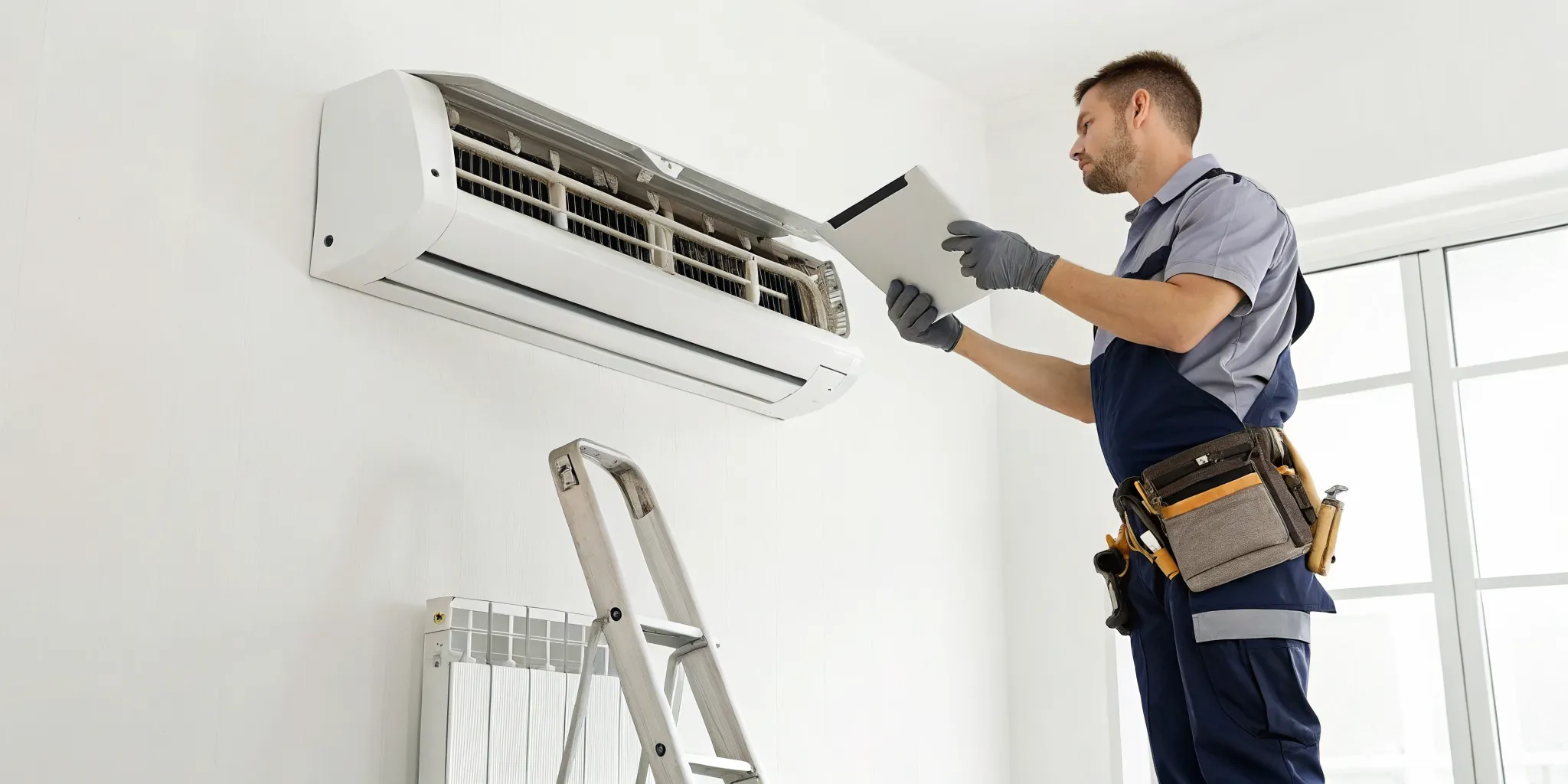HVAC technician inspecting an air conditioner to determine the AC repair cost.