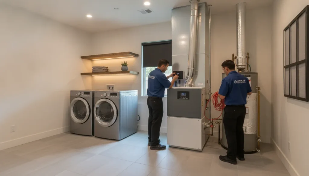 Modern high-efficiency gas furnace installed in a California home utility room