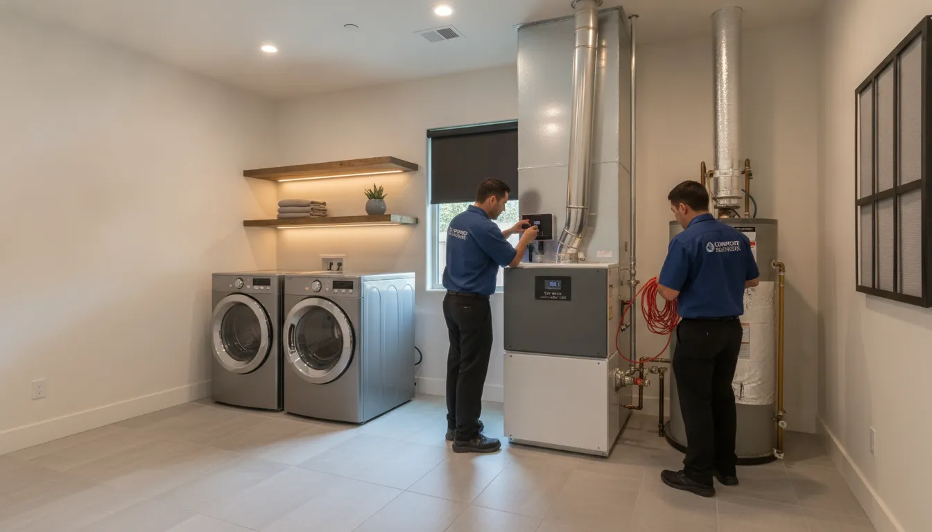 Modern high-efficiency gas furnace installed in a California home utility room