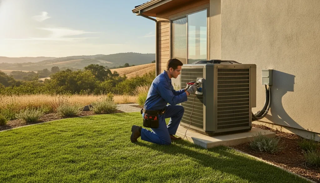 Professional HVAC technician servicing an outdoor air conditioning unit at a Pleasanton area home