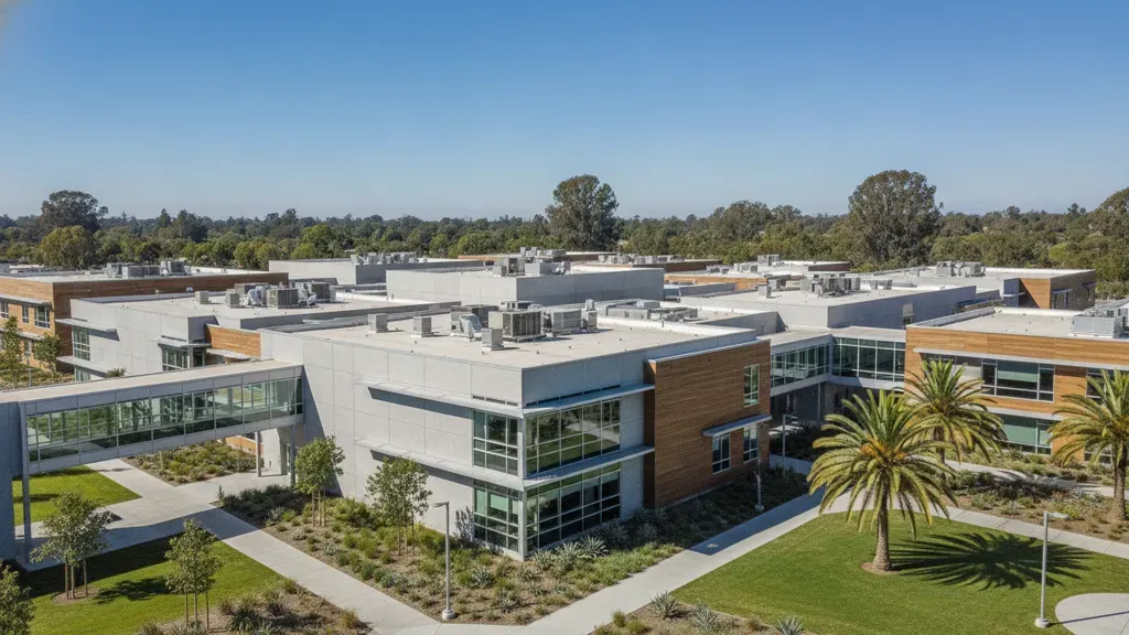 Modern K-12 school campus in California with rooftop HVAC units under blue sky