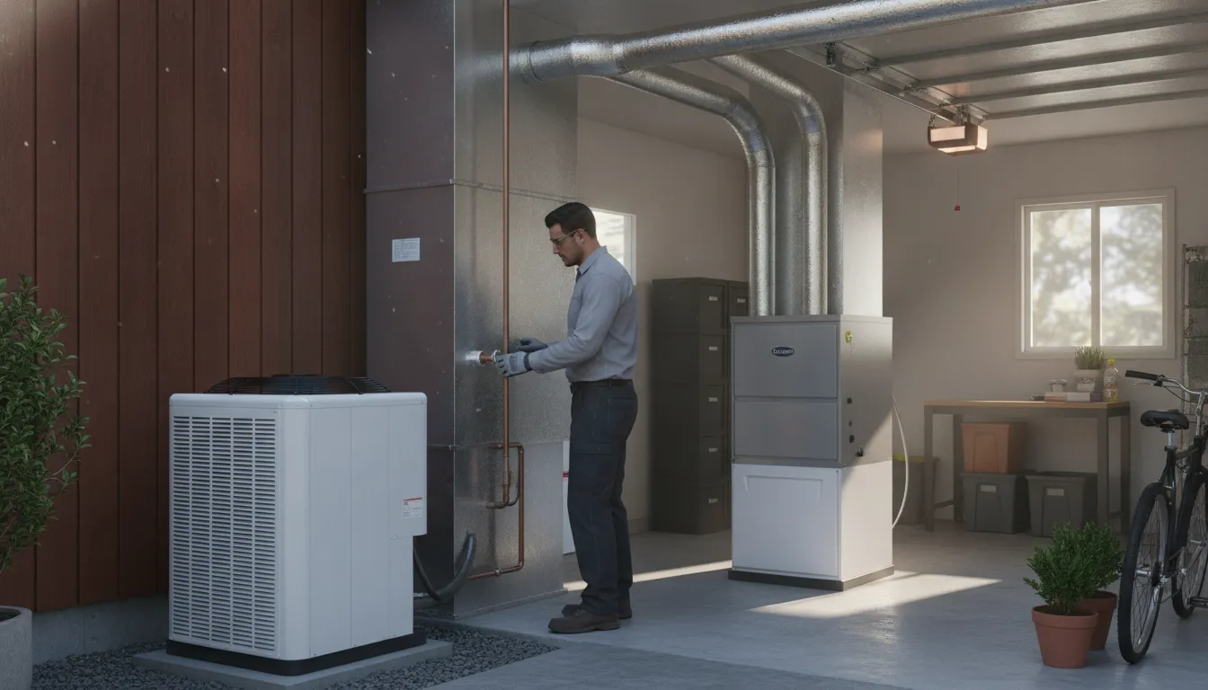 New HVAC system installation in a Northern California home with a technician and equipment