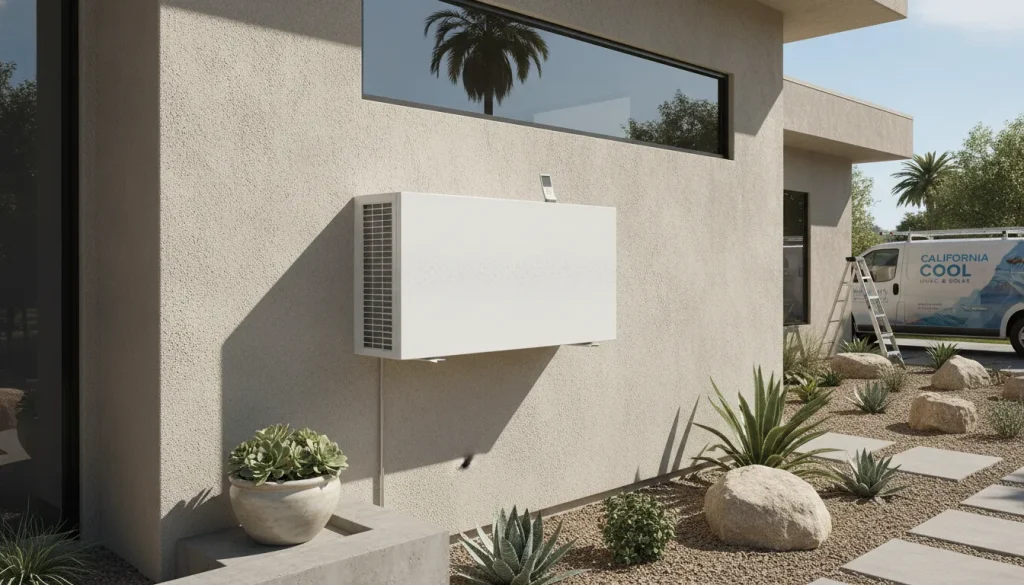 Modern residential air conditioner unit installed on a home wall in California on a sunny day