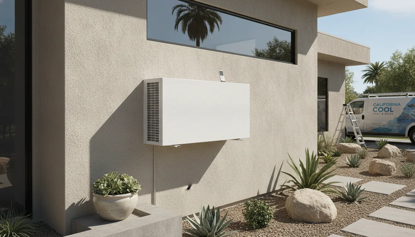 Modern residential air conditioner unit installed on a home wall in California on a sunny day