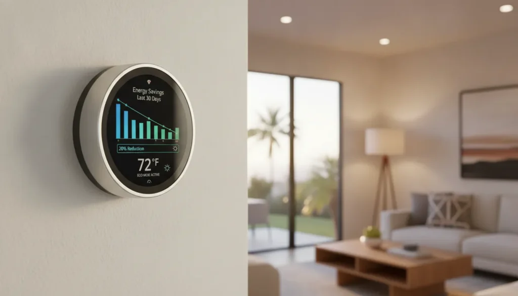 Modern smart thermostat on a wall in a California home with energy savings graph shown on its display