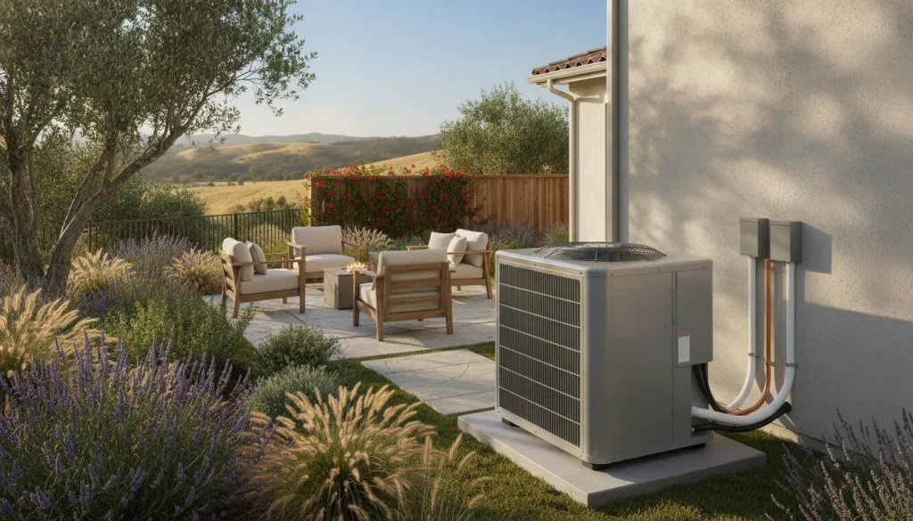 Modern air conditioning unit installed outside a California home