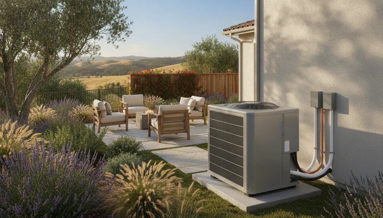 Modern air conditioning unit installed outside a California home