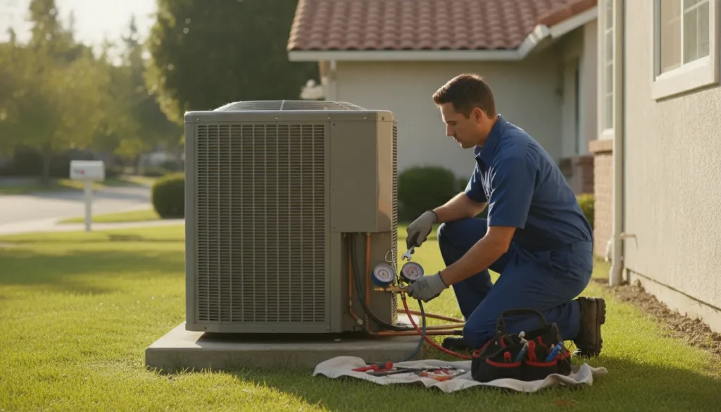 HVAC technician inspecting an air conditioner condenser unit outdoors