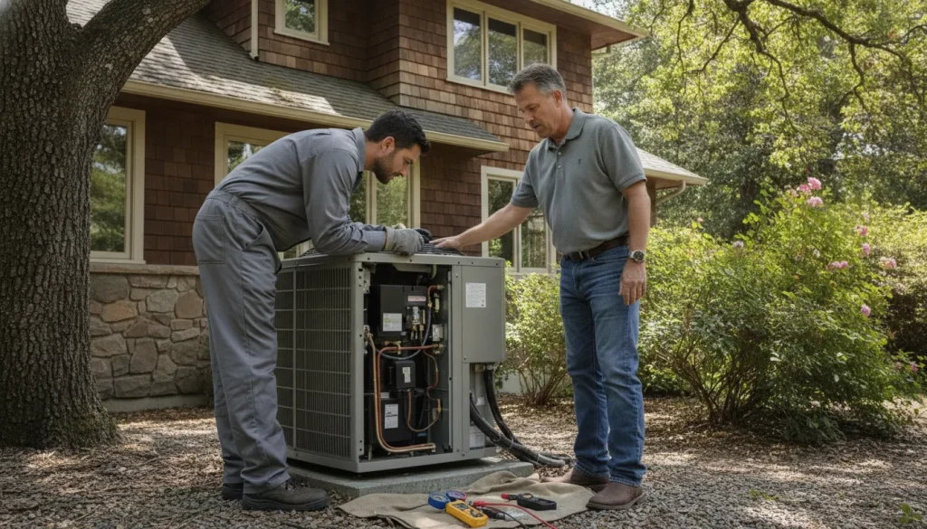 HVAC technician inspecting an AC condenser and refrigerant lines at a Northern California home