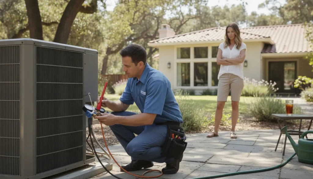 HVAC technician inspecting a residential air conditioning system