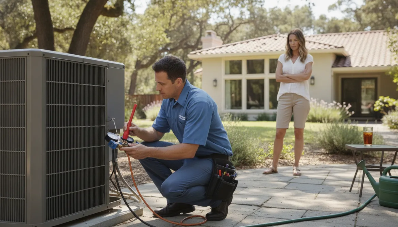 HVAC technician inspecting a residential air conditioning system