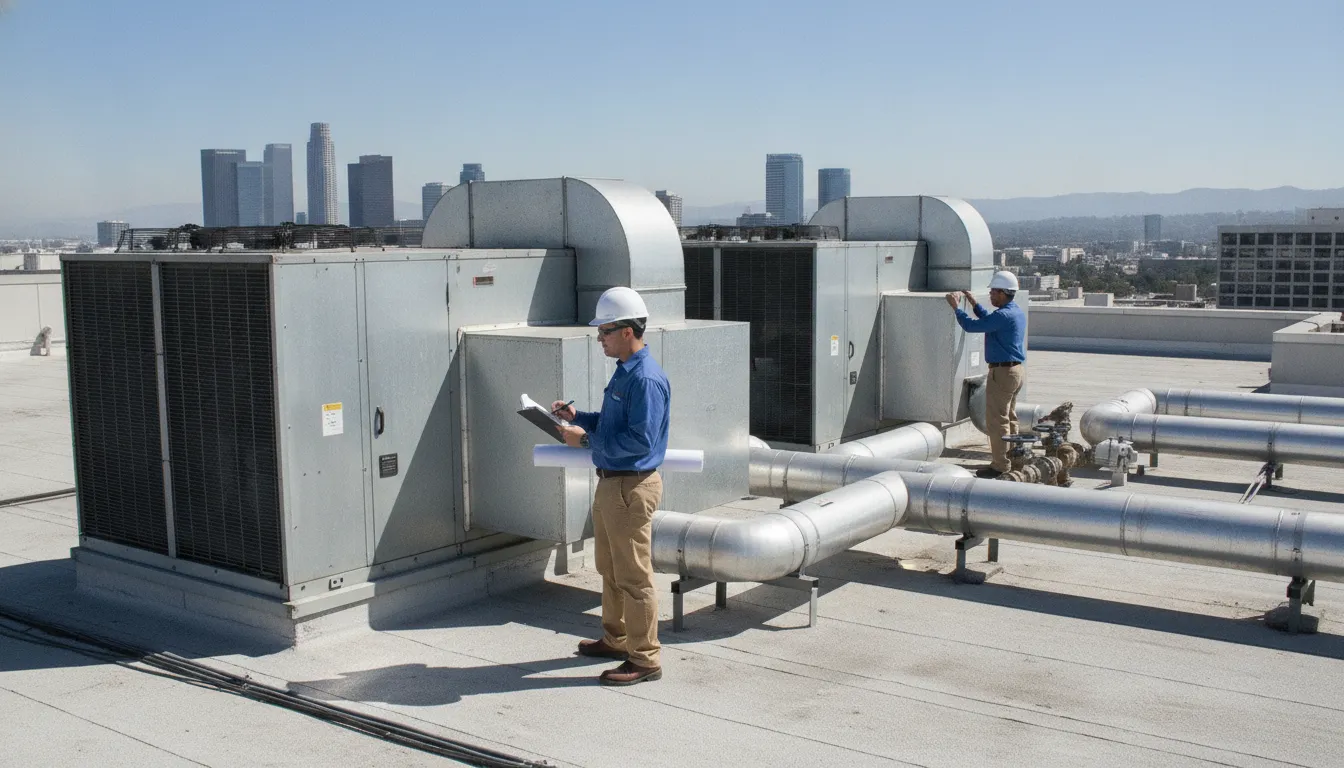 Rooftop commercial HVAC air handling units on a Northern California building with an engineer reviewing plans