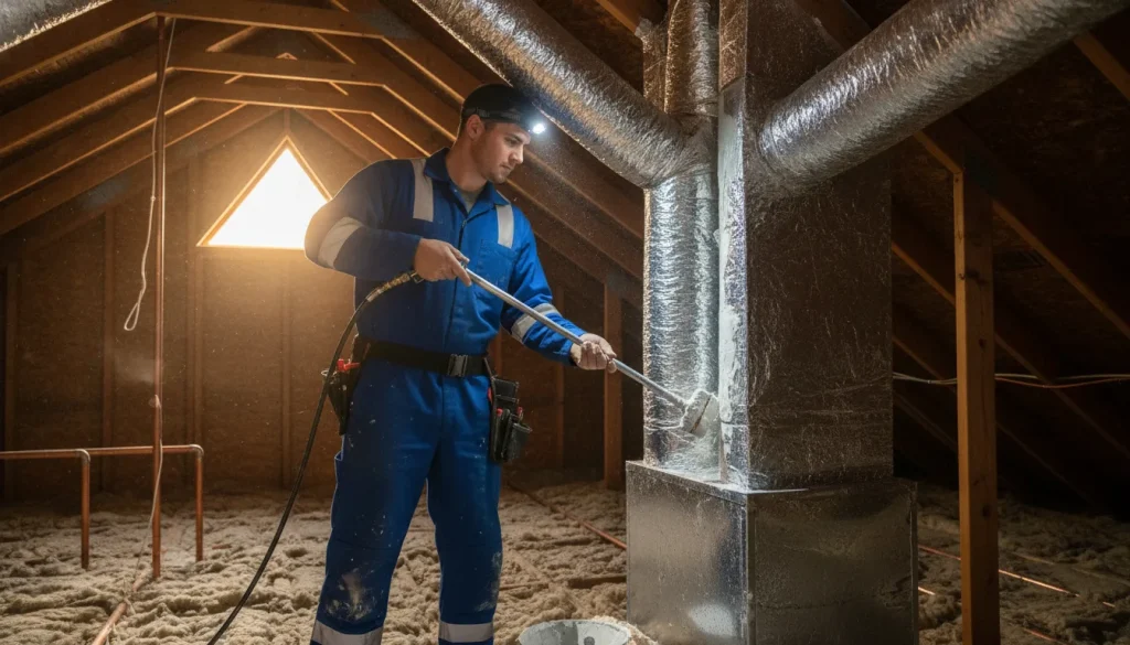 HVAC technician sealing and inspecting ductwork in the attic of a Northern California home