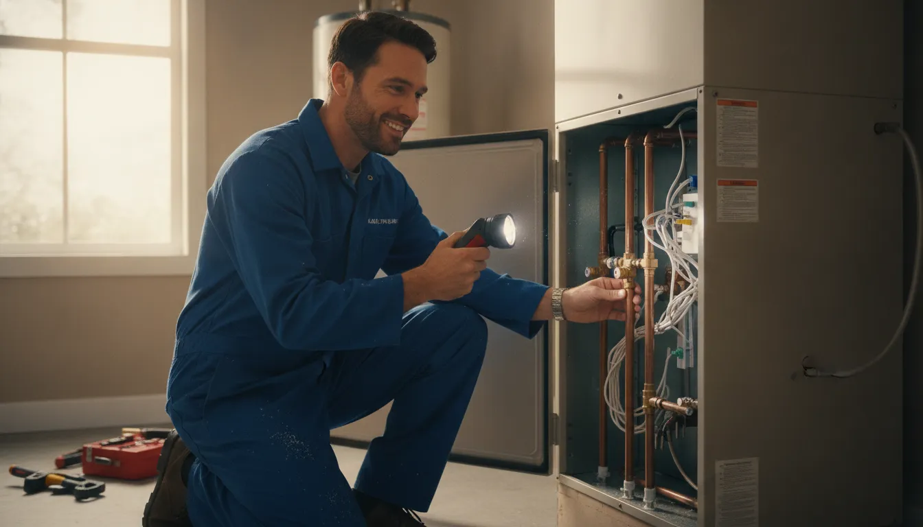 HVAC technician inspecting a residential furnace