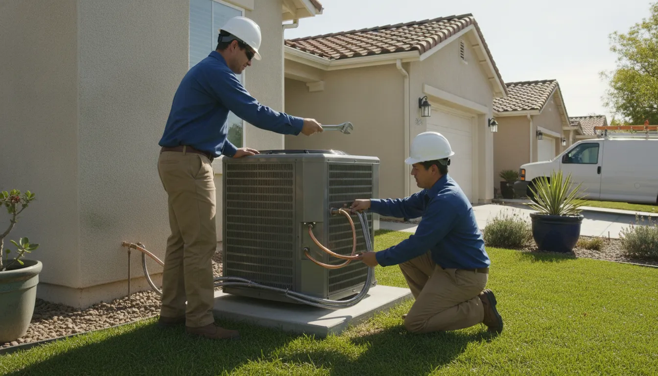 Two HVAC technicians installing a new outdoor condenser unit beside a California home