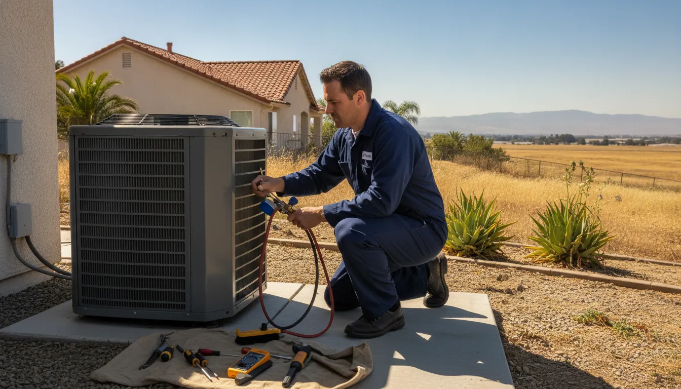 HVAC technician servicing a residential air conditioning unit outside a Stockton, CA home in the hot Central Valley sun