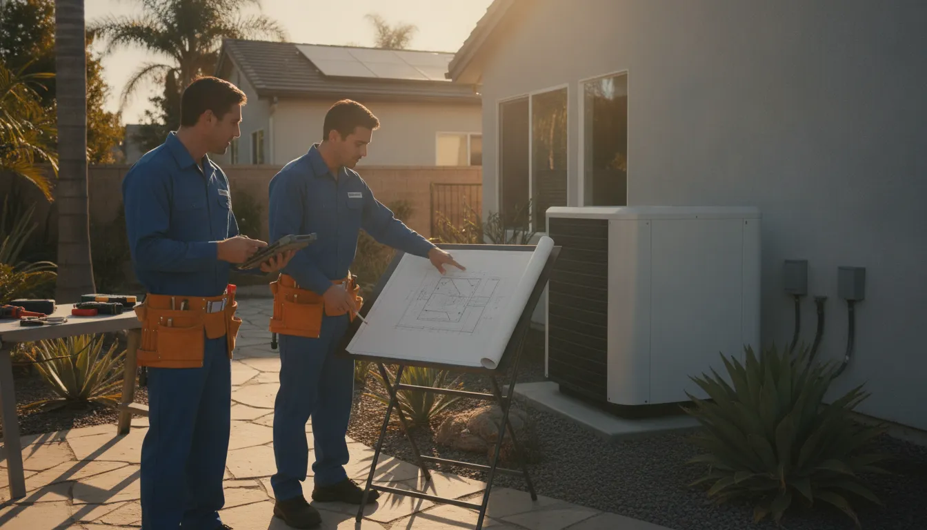 Two HVAC technicians reviewing an energy-efficiency plan next to a modern condensing unit in a California backyard