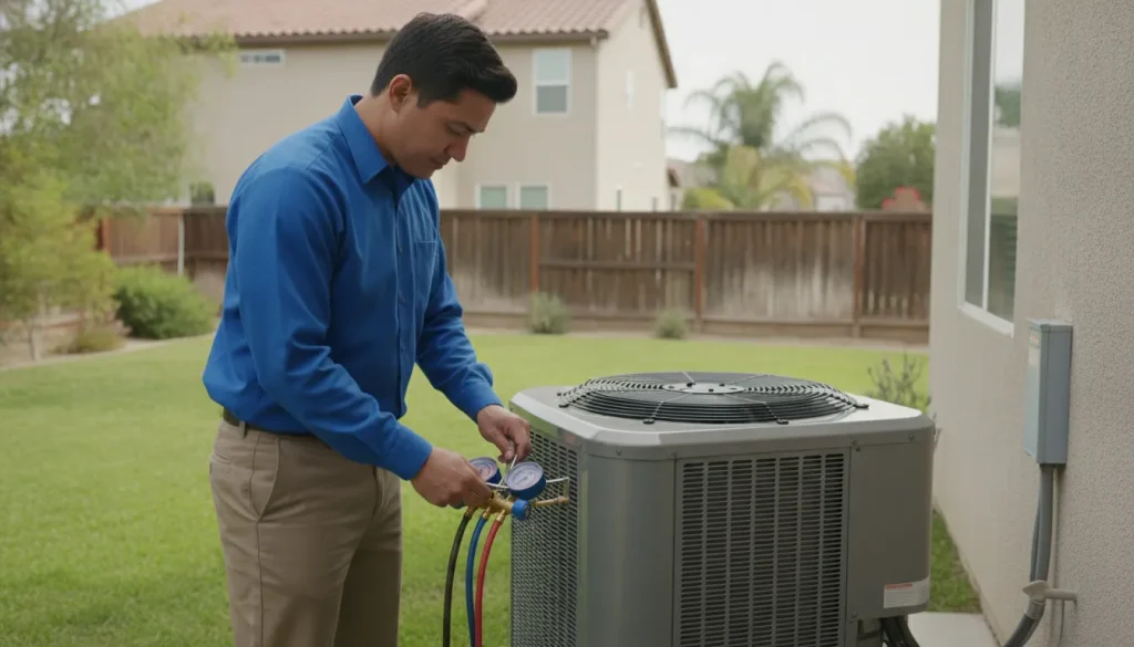 HVAC technician performing an hvac maintenance checklist seasonal tune-up inspection on a residential outdoor condenser unit