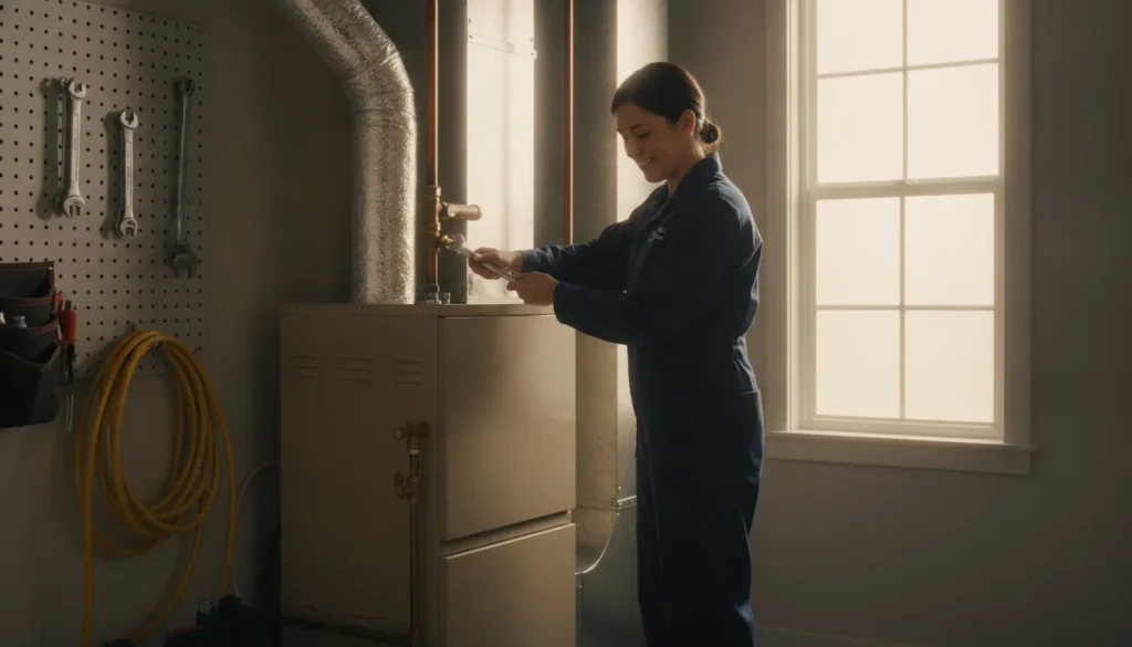 HVAC technician performing a routine furnace tune-up in a Bay Area home
