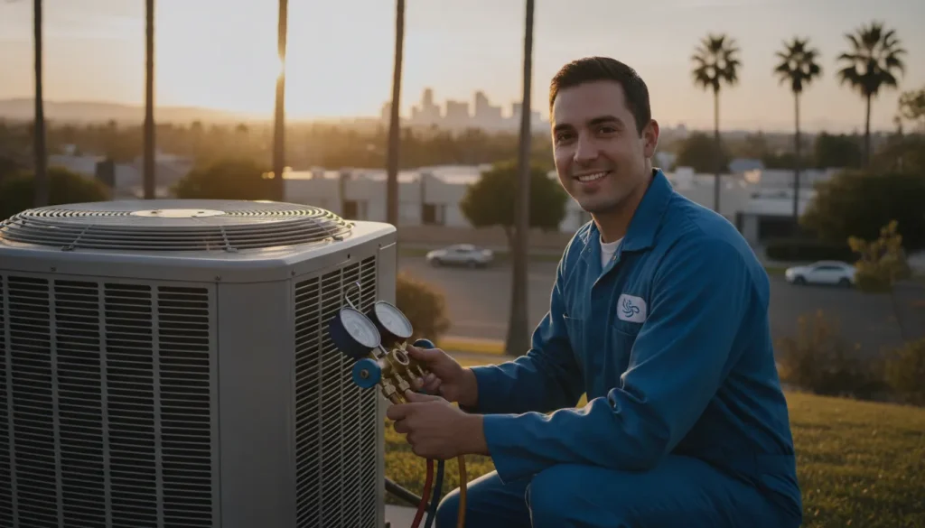 HVAC technician servicing an air conditioning unit at a Sacramento home