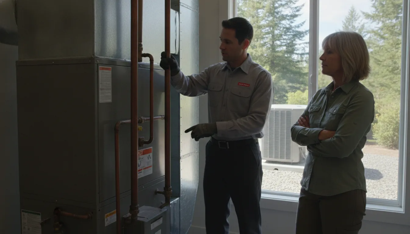 Homeowner discussing an aging HVAC system with a technician in Northern California