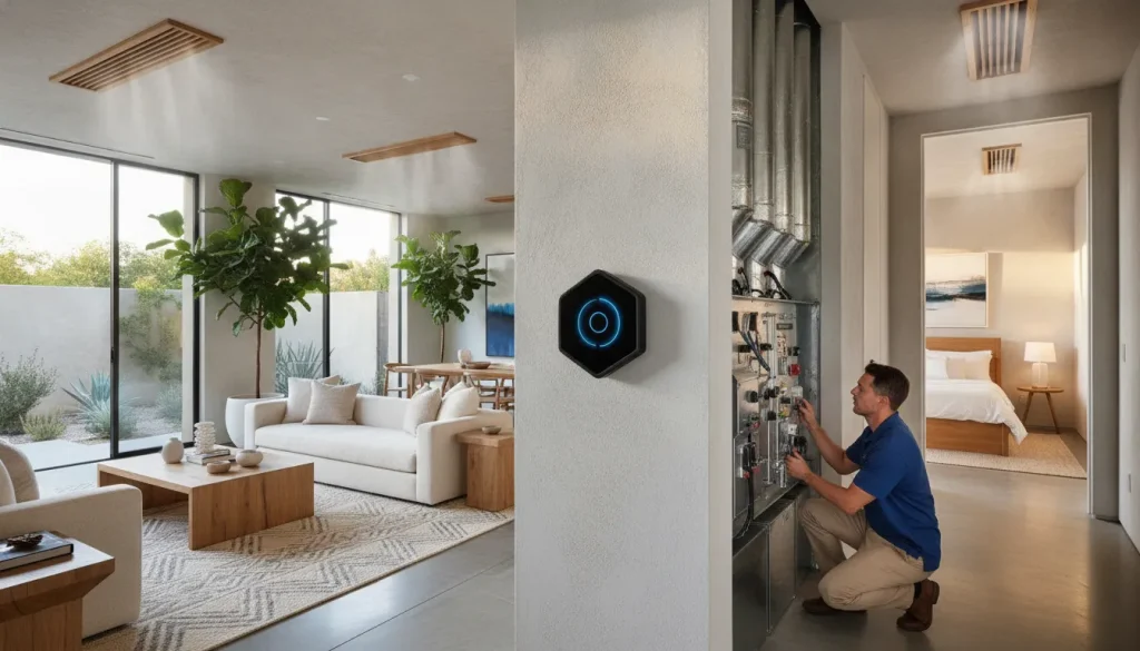 HVAC technician adjusting a zoned control panel with a smart thermostat in a modern California living room