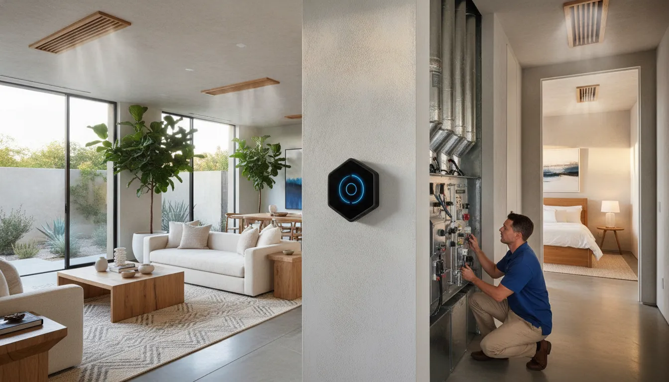HVAC technician adjusting a zoned control panel with a smart thermostat in a modern California living room