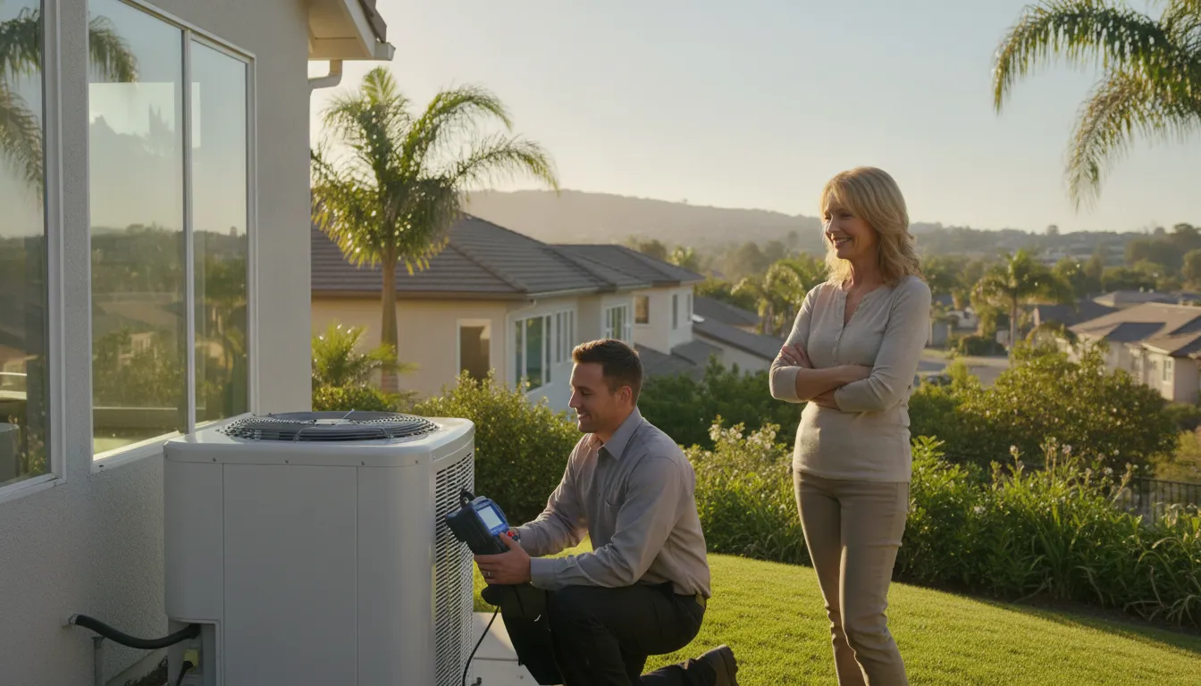 HVAC technician inspecting an outdoor heat pump unit at a California home