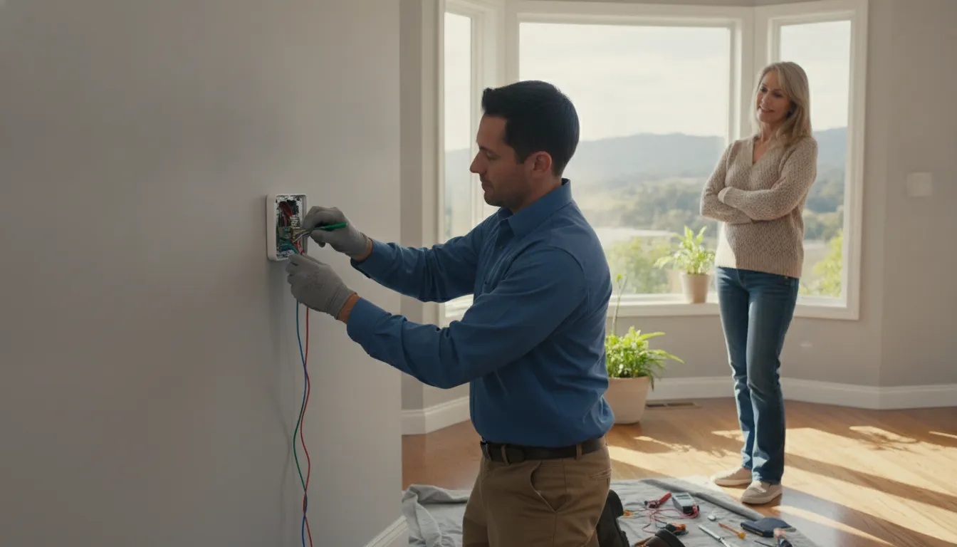 HVAC technician installing a thermostat in a Bay Area home