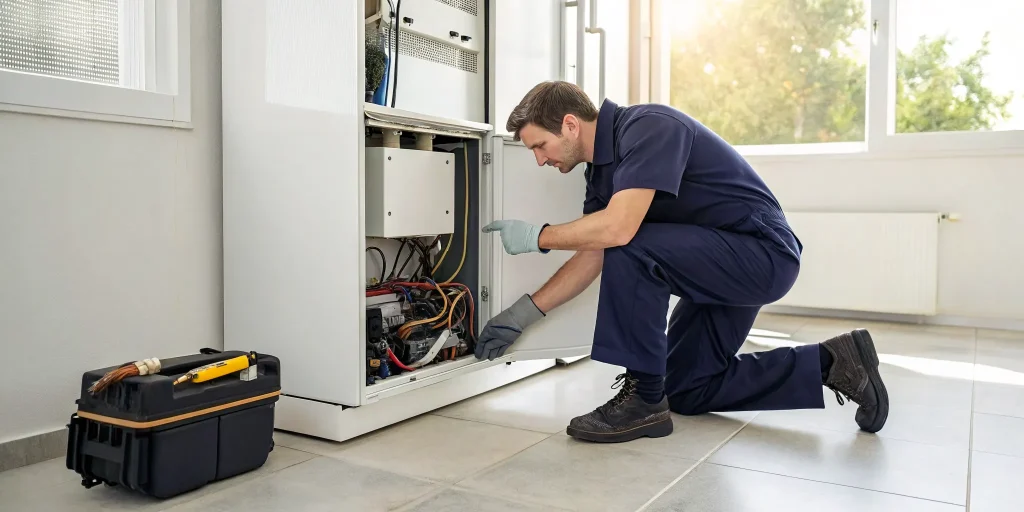 HVAC technician performing system maintenance on an indoor unit.