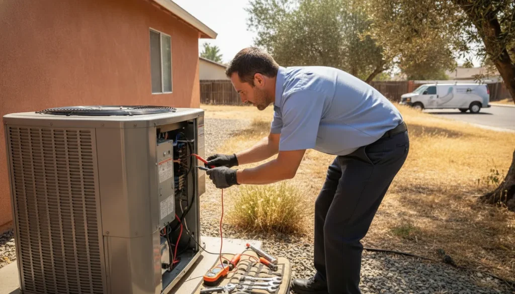 HVAC technician inspecting a residential AC condenser at a Modesto home