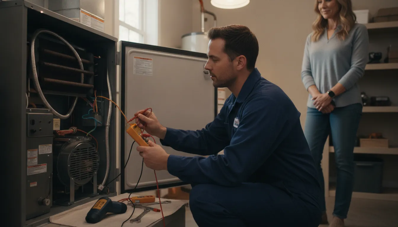 HVAC technician inspecting a residential furnace during emergency furnace repair in the Bay Area